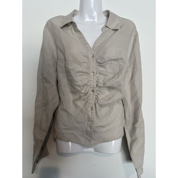 Tahari Long Sleeve 100% Linen Button Up Top XL Tan Womens Minimalist Lagenlook - Picture 2 of 9